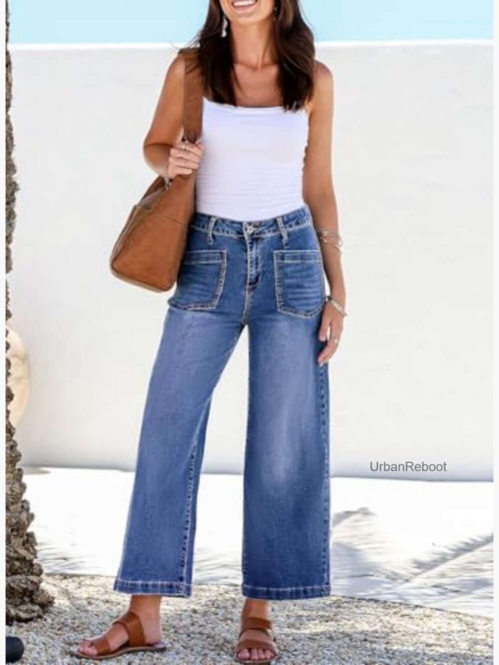 High Waisted Wide Leg Stretchy Jeans Straight Leg Ankle Denim Pants - Picture 6 of 7